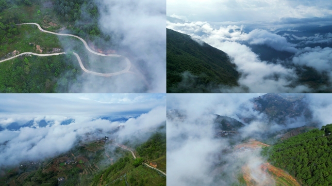 云南大山云雾缭绕的村庄4K航拍