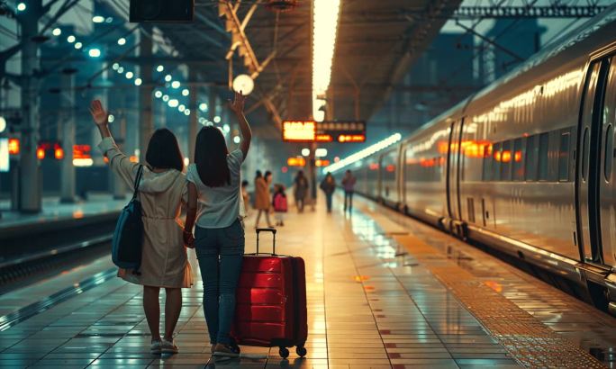 高铁车站月台两女子挥手背影