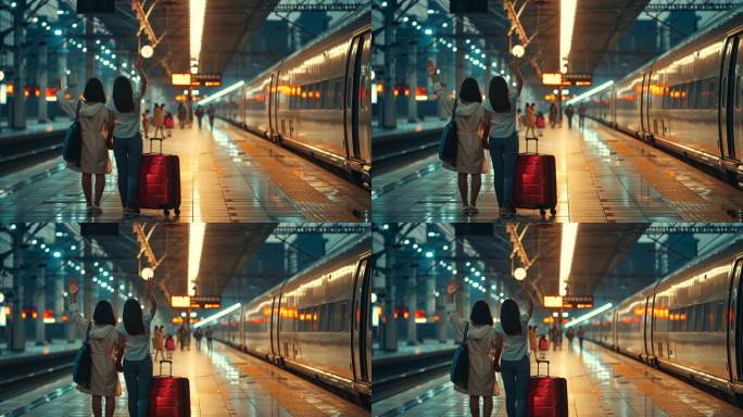 高铁车站月台两女子挥手背影