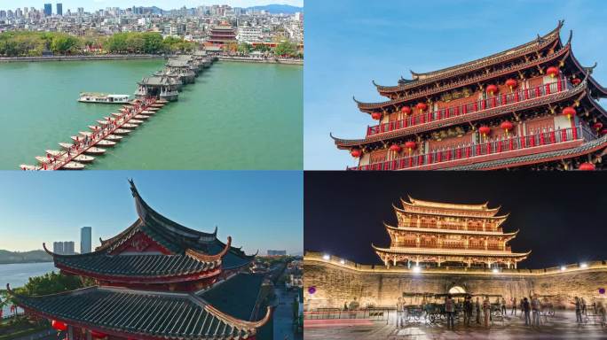 潮州广济桥广济楼牌坊街地标航拍延时合集