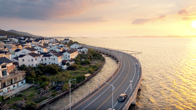 湖边落日夕阳小镇公路太湖晚霞