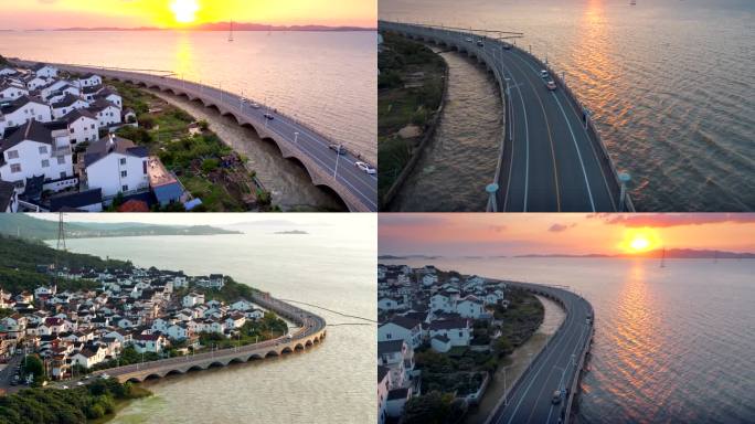 湖边落日夕阳小镇公路太湖晚霞