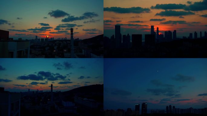 4K 落日 晚霞 城市 青岛 高楼 月亮