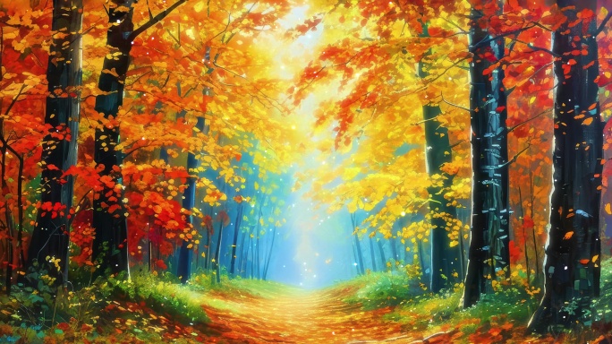 宽屏缤纷秋叶金黄火红交织铺满林间小道