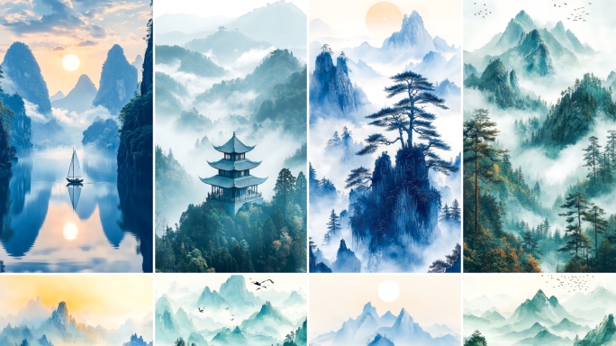 水墨山水国画中国风山水中国风景竖版国潮