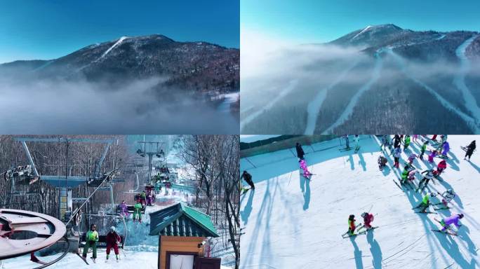 4K 亚布力滑雪场航拍雪道滑雪游玩