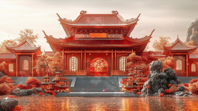 【6k】唯美意境中式红色建筑 新年
