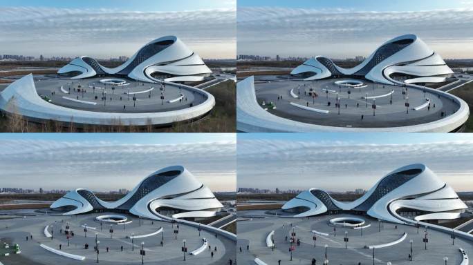 冬日落日余晖下的黑龙江哈尔滨大剧院航拍