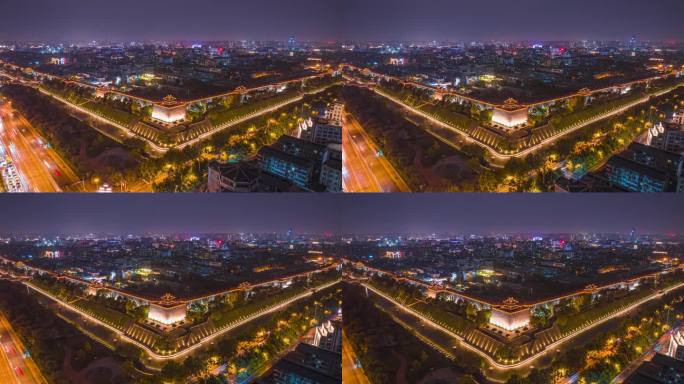 西安城墙东南城角城市夜景