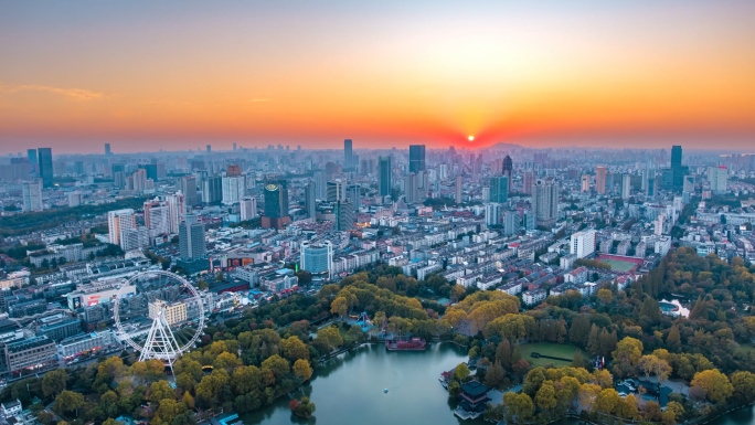 合肥日落夜景逍遥津大东门步行街航拍延时