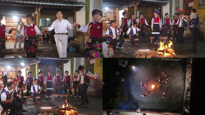 少数民族载歌载舞庆祝新年 篝火晚会 白族