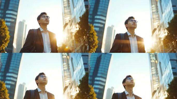 西装男白领向上看逆光