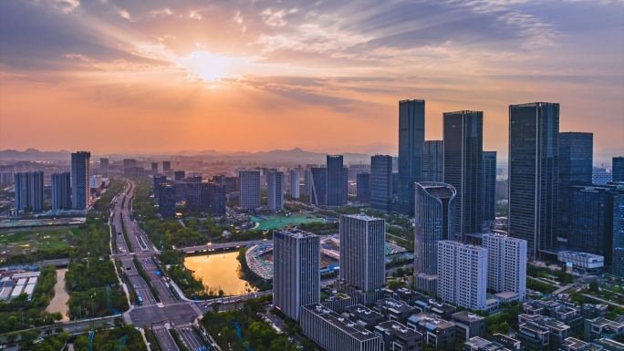 杭州城西未来科技城航拍日落夜景