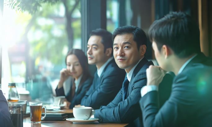 商务人士坐着聊天喝茶