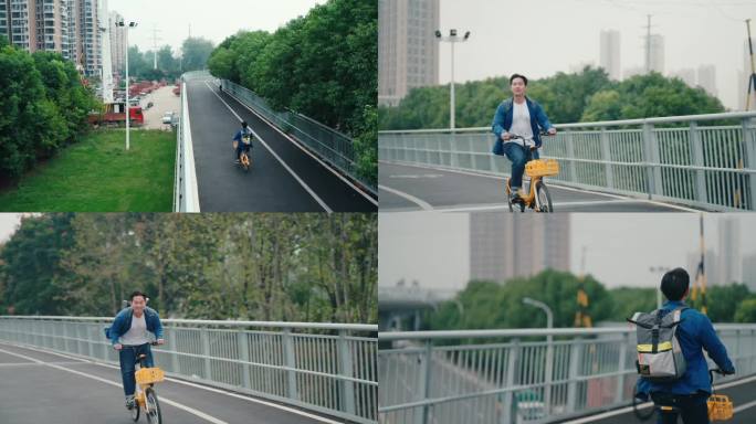 4k骑自行车桥共享单车秋天树木骑行道