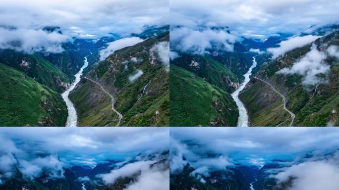 云南香格里拉虎跳峡金沙江航拍延时