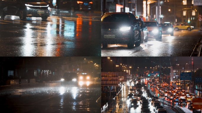 雨夜车流城市夜晚街道上海下雨