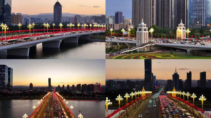 山西太原迎泽大桥五星红旗傍晚夜景航拍