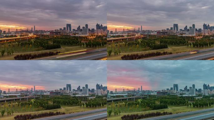 日出清晨苏州工业园区城市风景延时