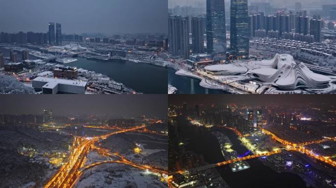 4k长沙梅溪湖夜晚雪景航拍