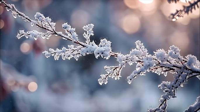 冬天冬季雪景冰晶雪花特写大雪下雪天冬至冰