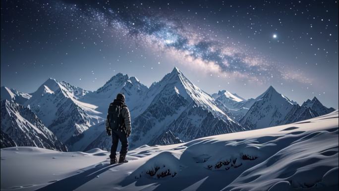 登上雪山顶欣赏星空的人4K