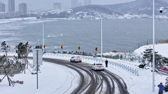 4K合集威海海边雪景冬天大海海滨公路大雪