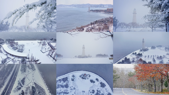 4K合集威海雪景航拍灯塔白雪覆盖海边雪