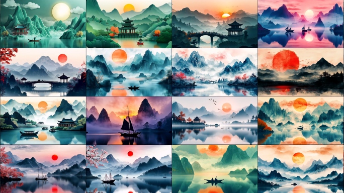 中国风日出水墨意境东方美学禅意水墨大屏