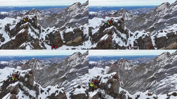 航拍攀登雪宝顶雪山的登山者通过骆驼背