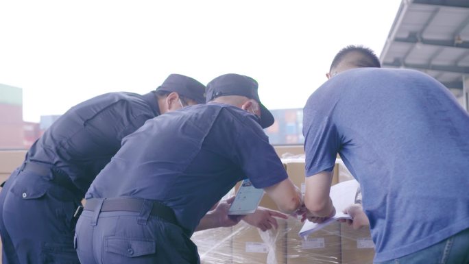 中国海关人员在集装箱码头行走检查检验检疫