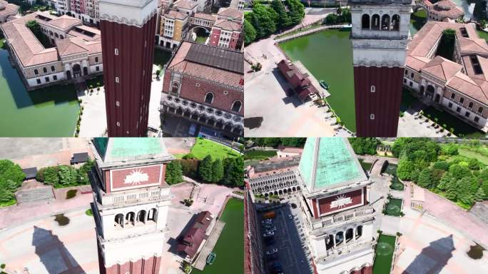 杭州威尼斯水城自由塔特写4k航拍