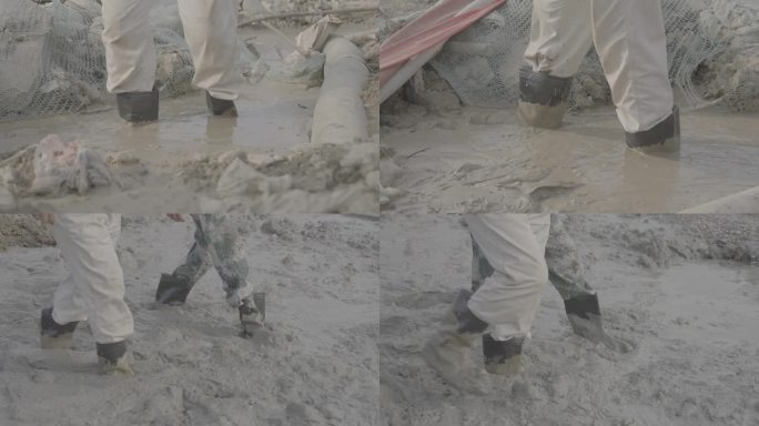 4K50帧log工地泥泞地质工人艰难走路