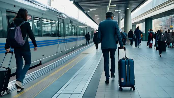 车站上两个拉着行李箱的人