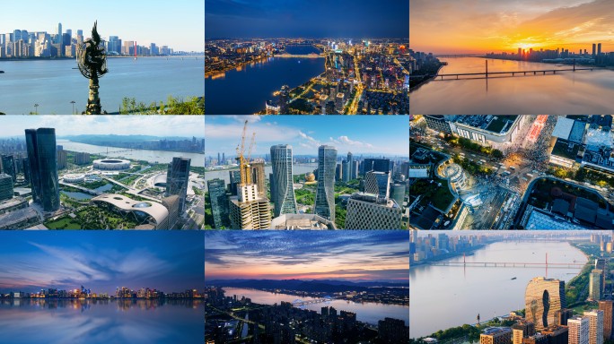杭州钱江城市阳台地标航拍钱塘江日出夜景