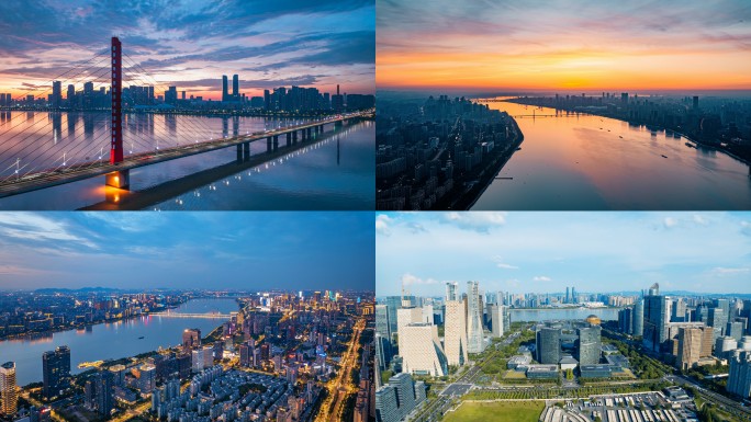 杭州钱江城市阳台地标航拍钱塘江日出夜景
