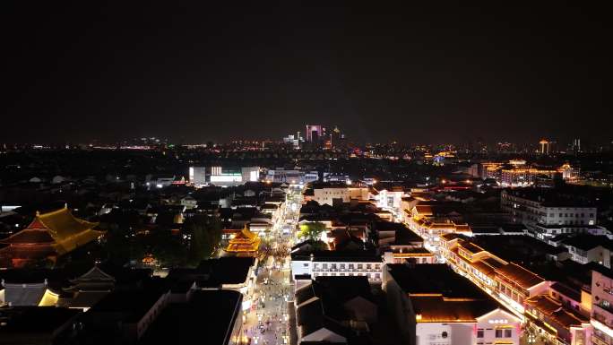 苏州观前街步行街夜景航拍