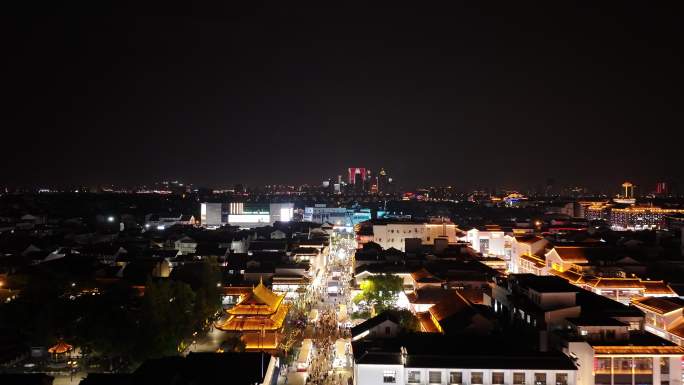 苏州观前街步行街夜景航拍