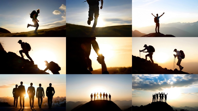 团队攀登手拉手齐心协力团队一起前进登山