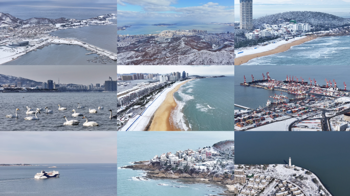 4K合集雪天威海航拍大景海边城市大雪海浪