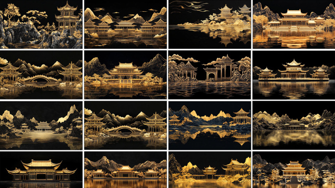 金色国风山水建筑意境背景