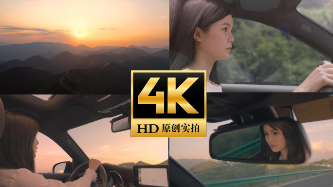 美女开车自驾迎着夕阳阳光行驶驾驶
