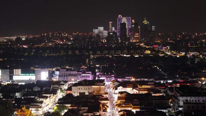 苏州观前街步行街夜景航拍