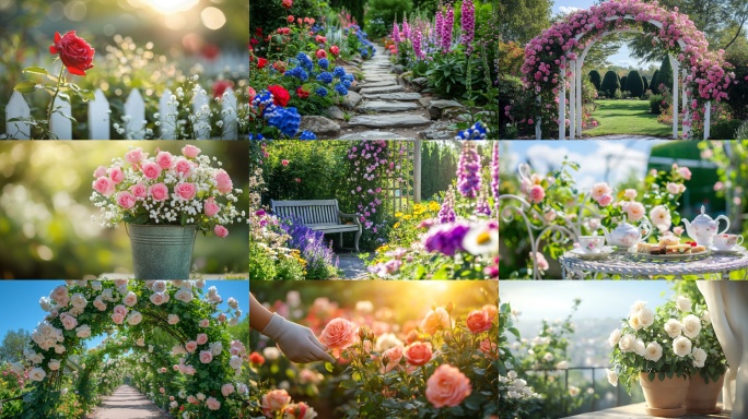 【4K】玫瑰花园 庭院  阳光 玫瑰花