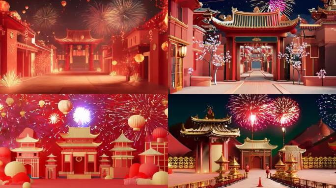 2025春节元宵剪纸国风建筑喜庆烟花背景