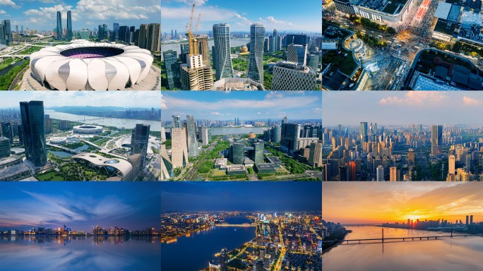 杭州航拍钱江城市阳台地标日出夜景