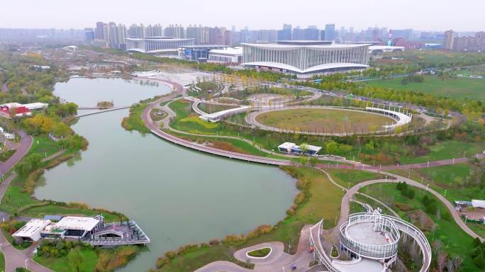 航拍西安浐灞区一带一路中亚公园