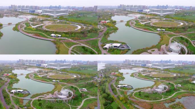 航拍西安浐灞区一带一路中亚公园