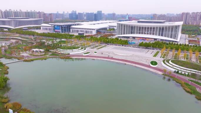航拍西安浐灞区一带一路中亚公园