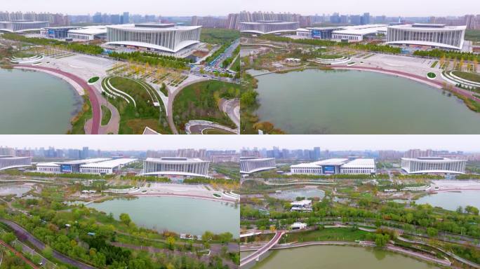 航拍西安浐灞区一带一路中亚公园